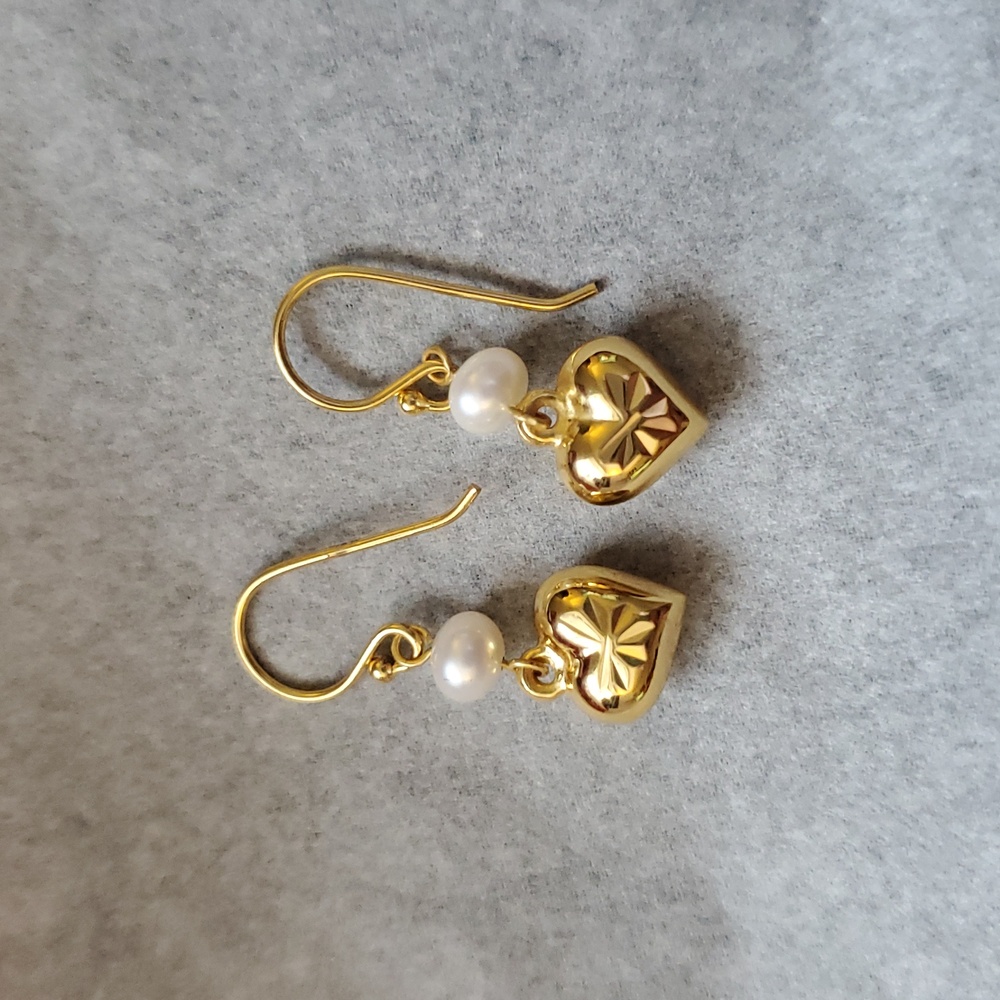 Heart & Freshwater Pearl Earrrings Primavera Italy 24K Gold / Sterling Silver - Picture 3 of 5